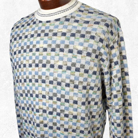 Franco Danti Italy Blue Green Checkerboard Cotton Blend Crewneck Sweater-Mens L - Picture 1 of 6